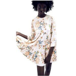 Zara Dress Women‎ XS Ivory Ecru Floral Print Long Sleeve Babydoll Mini Boho